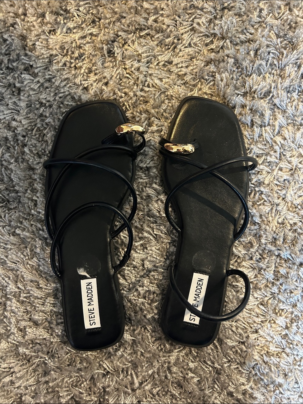 Steve Madden Black Strappy Slide Sandals with Gold Detail